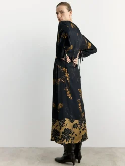 BHOEM Satin Floral Print Kimono Midi Black Dress^Women Occasion Dresses|Midi Dresses