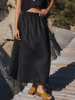 Hot Next Black 100% Linen Midi Skirt