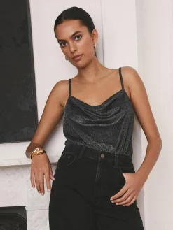 Hot Next Black / Silver Cowl Neck Sparkle Fluted Sleeve Bodysuit