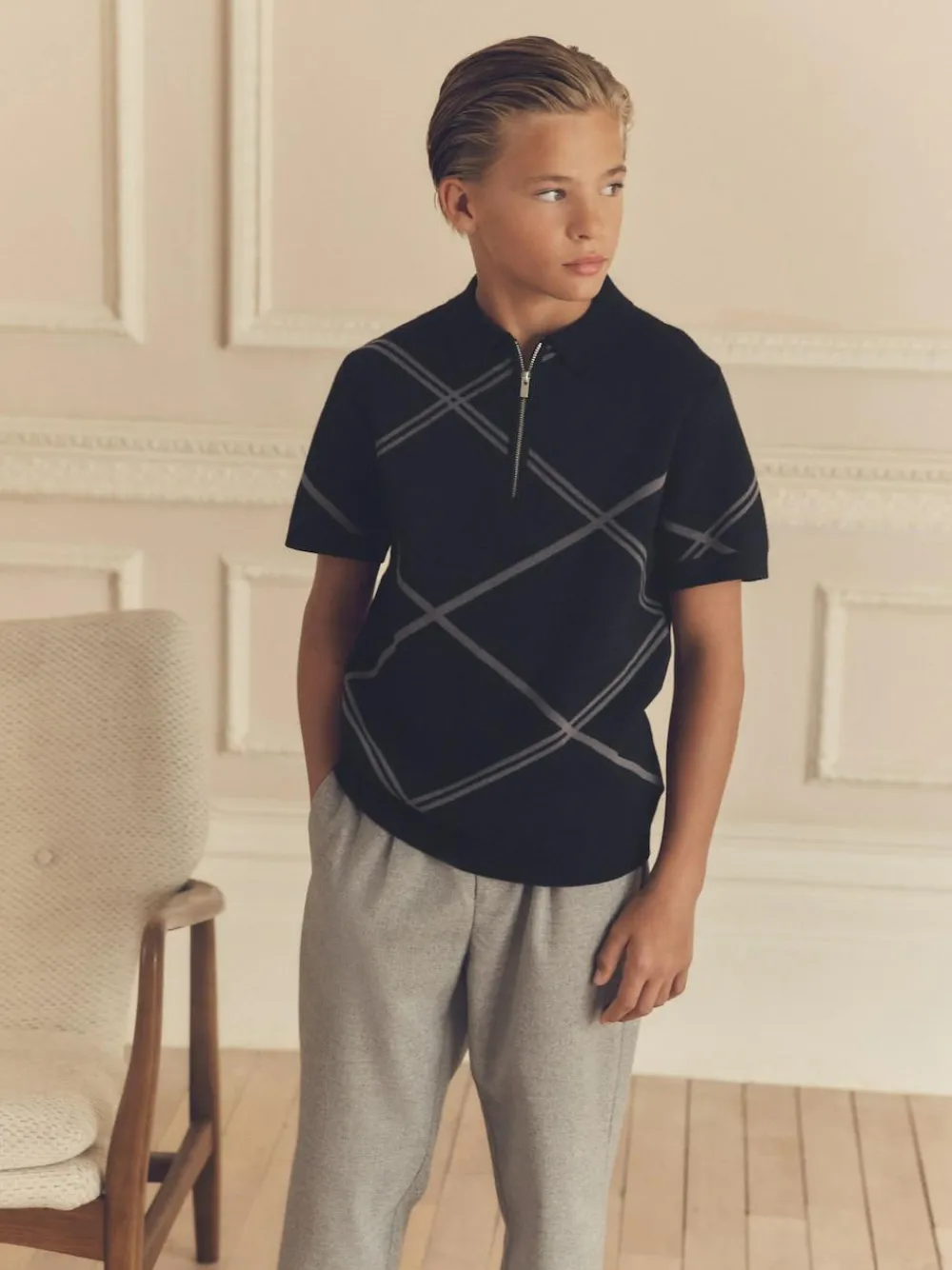 Next Black Argyle Knitted Zip Neck Polo Shirt (3-16yrs)