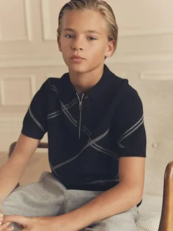 Next Black Argyle Knitted Zip Neck Polo Shirt (3-16yrs)