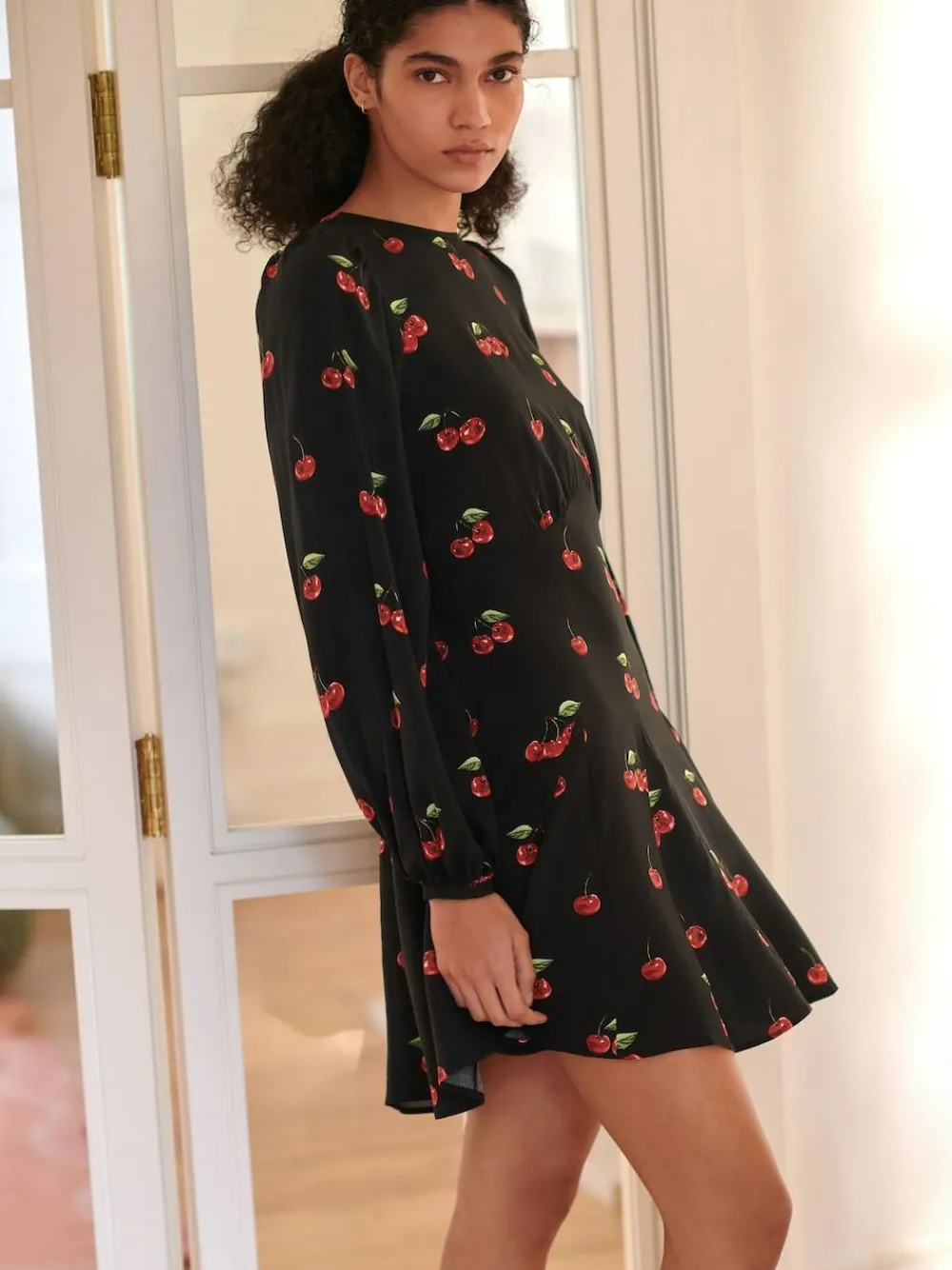 Online Next Black Cherry Print Mini Long Sleeve A-Line Seam Detail Dress