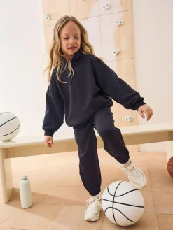 Sale Next Black Cotton Rich Sports Funnel Neck Sweat and Joggers Set (3-16yrs)