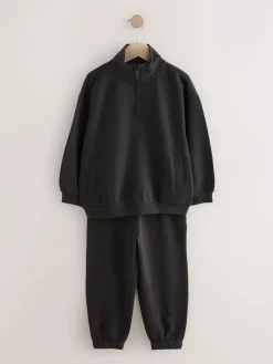 Sale Next Black Cotton Rich Sports Funnel Neck Sweat and Joggers Set (3-16yrs)