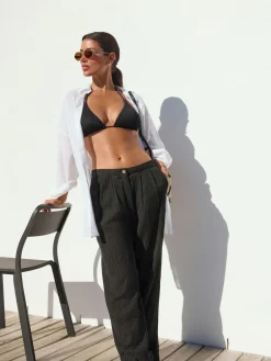 Next Black Crinkle Textured Wide Leg Trousers With Linen^Women Pants