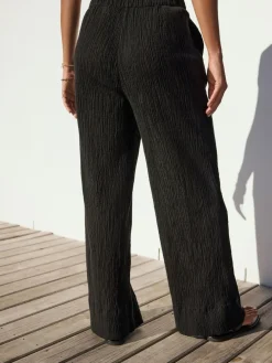Next Black Crinkle Textured Wide Leg Trousers With Linen^Women Pants