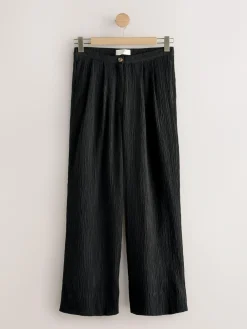 Next Black Crinkle Textured Wide Leg Trousers With Linen^Women Pants