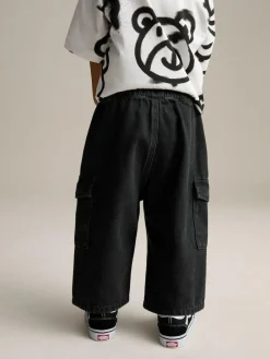 Outlet Next Wide Leg Pull On Cargo 100% Cotton Jeans (3mths-7yrs) Black Denim