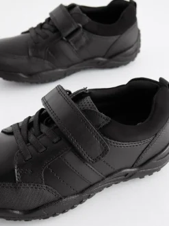 Next Black Extra Wide Fit (H) School Leather Elastic Lace Shoes^BOY School Shoes|Boys Shoes