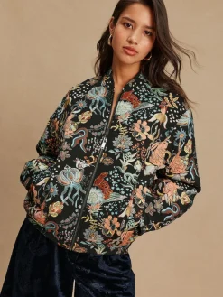 Hot Next Floral Jacquard Bomber Jacket Black