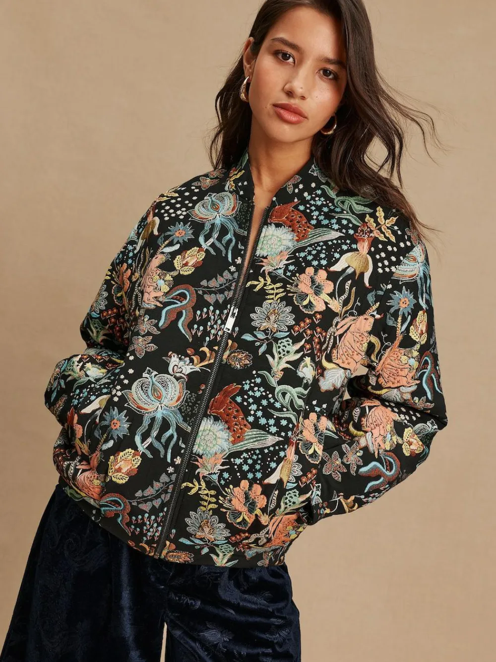 Hot Next Floral Jacquard Bomber Jacket Black