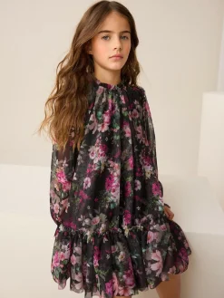Clearance Next Black Floral Long Sleeve Mesh Party Dress (3-16yrs)
