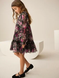 Clearance Next Black Floral Long Sleeve Mesh Party Dress (3-16yrs)
