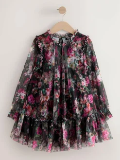 Clearance Next Black Floral Long Sleeve Mesh Party Dress (3-16yrs)