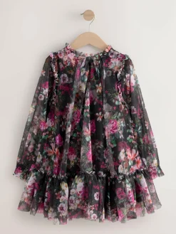 Clearance Next Black Floral Long Sleeve Mesh Party Dress (3-16yrs)