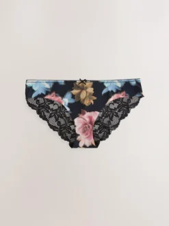 New Next Brazilian No VPL Lace Back Briefs 5 Pack Black Floral Print