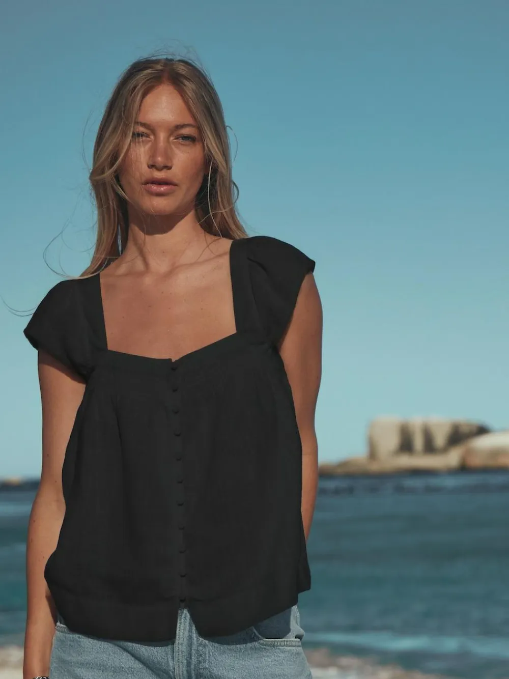 Discount Next Flutter Sleeve Button Front Top With Linen Black