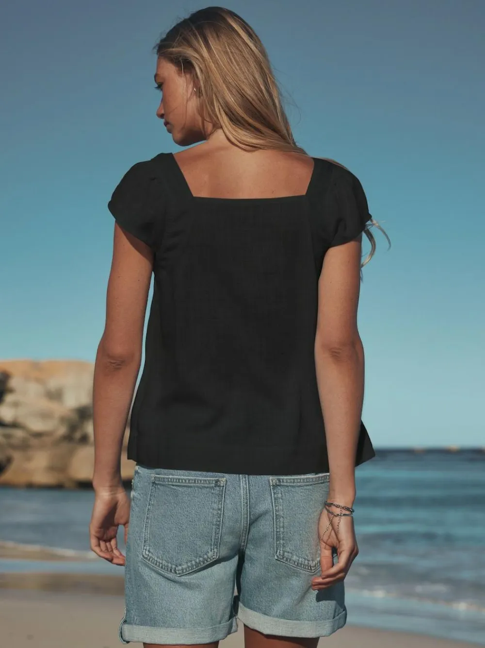 Discount Next Flutter Sleeve Button Front Top With Linen Black