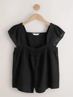 Discount Next Flutter Sleeve Button Front Top With Linen Black