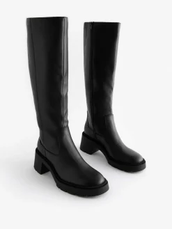 Next Black Forever Comfort® Chunky Heeled Round Toe Knee High Boots^Women Wide Fit & Extra Wide Fit