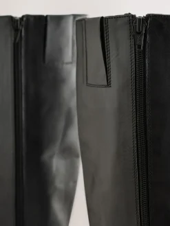 New Next Forever Comfort® Leather Round Toe Chunky Knee High Boots Black