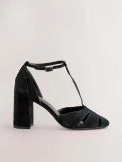 Hot Next Black Forever Comfort® Leather T-Bar Cutout Closed Toe Block Heels