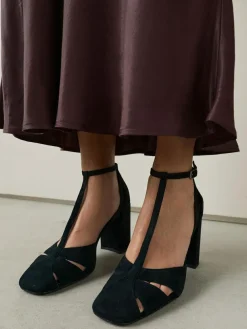 Hot Next Black Forever Comfort® Leather T-Bar Cutout Closed Toe Block Heels