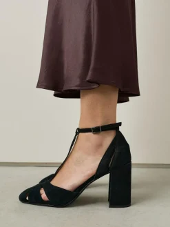 Hot Next Black Forever Comfort® Leather T-Bar Cutout Closed Toe Block Heels