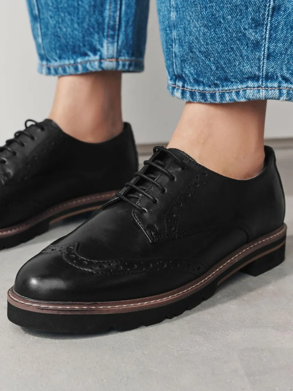 Next Black Forever Comfort® Leather Brogue Detailing Chunky Sole Lace-Up Shoes^Women Flats