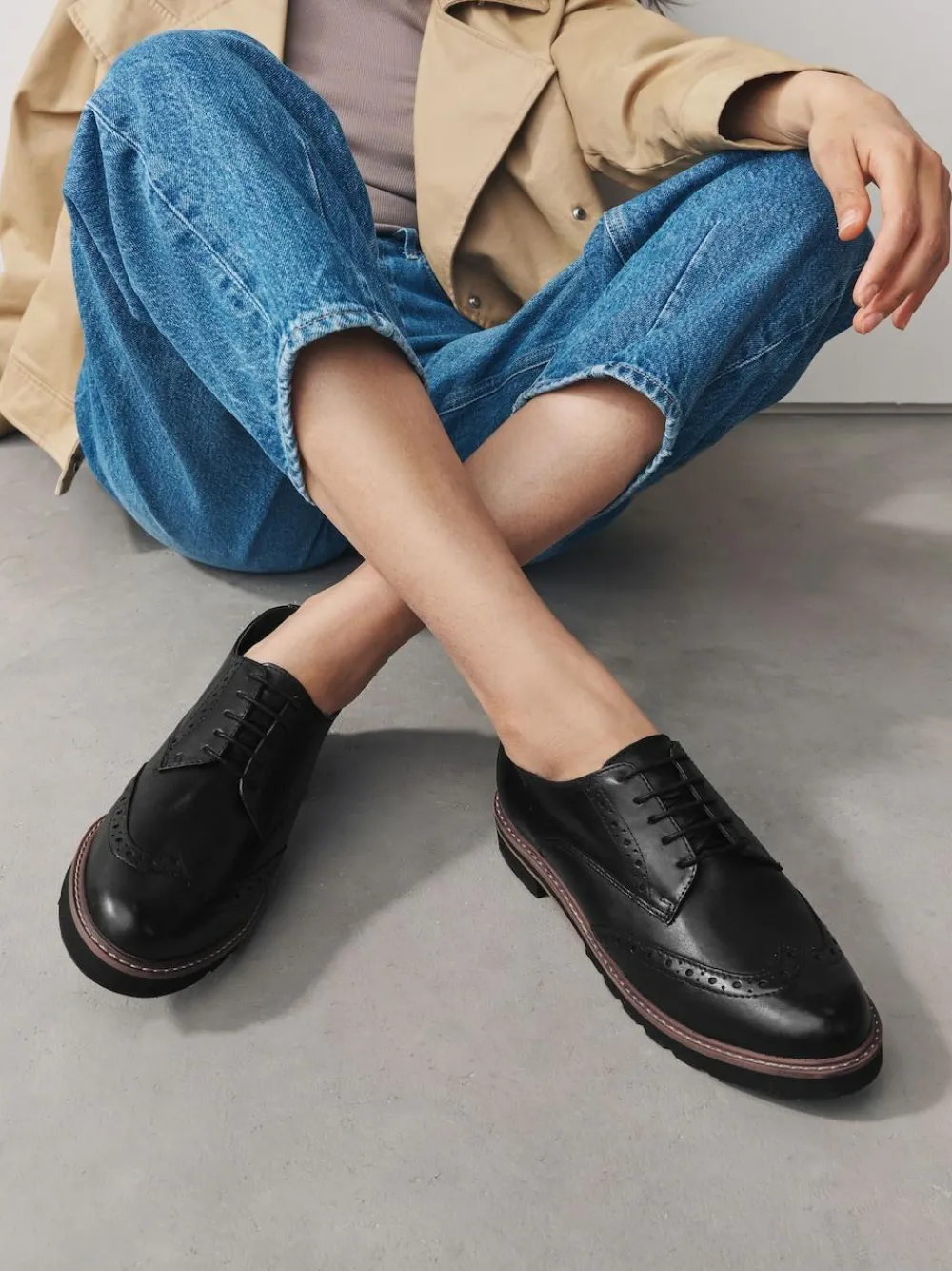 Next Black Forever Comfort® Leather Brogue Detailing Chunky Sole Lace-Up Shoes^Women Flats