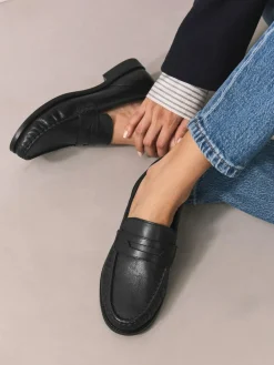Next Black Forever Comfort® Leather Ruched Saddle Loafers^Women Flats