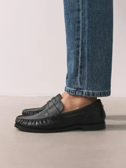 Next Black Forever Comfort® Leather Ruched Saddle Loafers^Women Flats