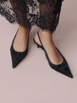 Hot Next Forever Comfort Satin Beaded Slingback Kitten Heels Black