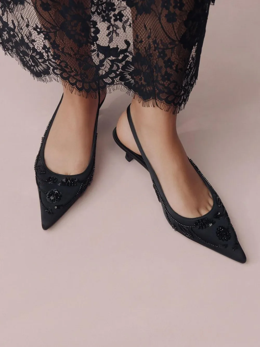 Hot Next Forever Comfort Satin Beaded Slingback Kitten Heels Black