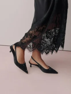 Hot Next Forever Comfort Satin Beaded Slingback Kitten Heels Black