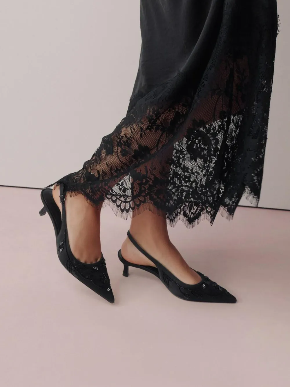 Hot Next Forever Comfort Satin Beaded Slingback Kitten Heels Black