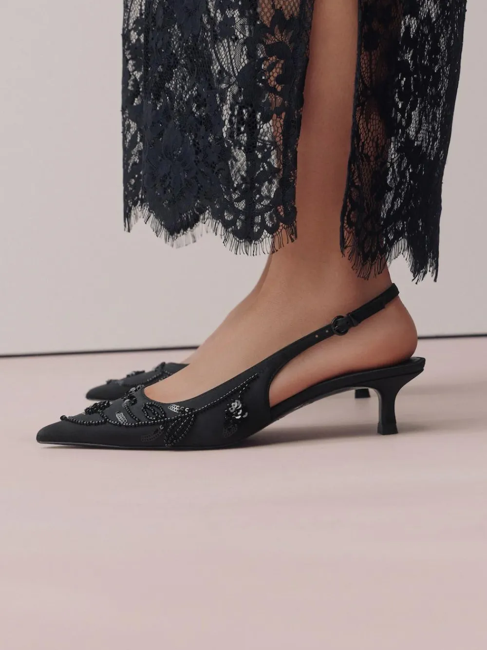 Hot Next Forever Comfort Satin Beaded Slingback Kitten Heels Black