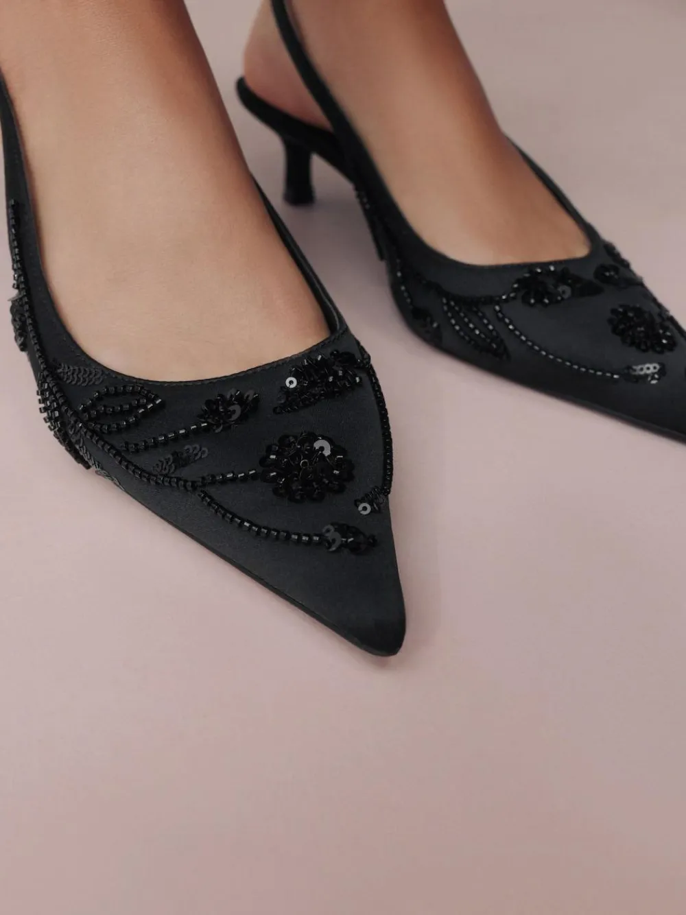 Hot Next Forever Comfort Satin Beaded Slingback Kitten Heels Black