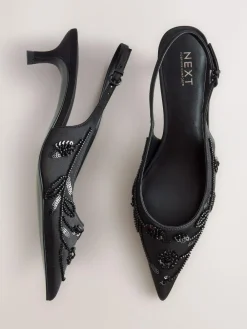 Hot Next Forever Comfort Satin Beaded Slingback Kitten Heels Black