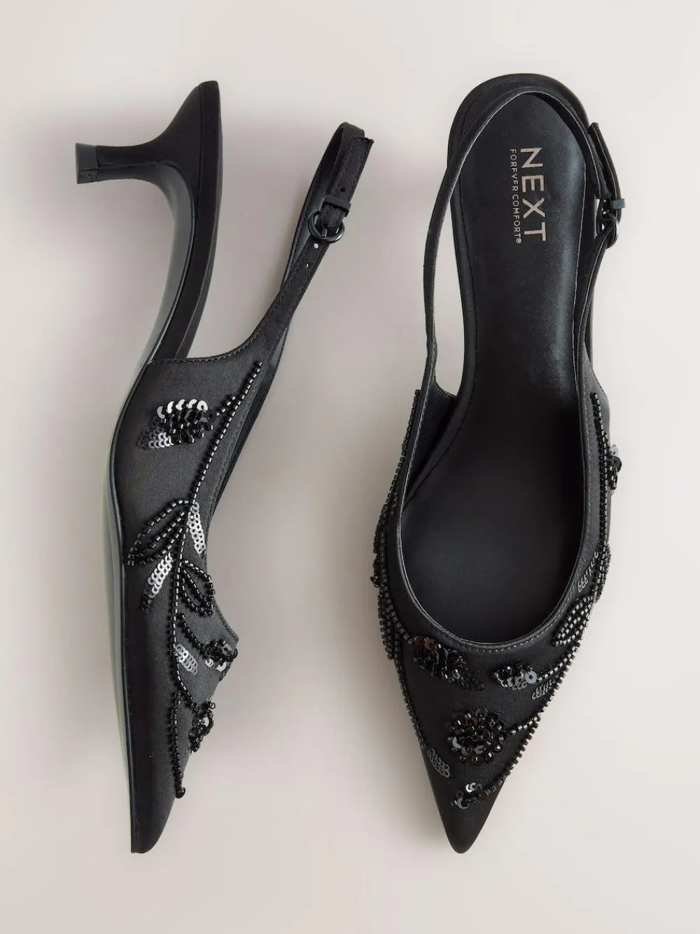 Hot Next Forever Comfort Satin Beaded Slingback Kitten Heels Black