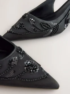 Hot Next Forever Comfort Satin Beaded Slingback Kitten Heels Black