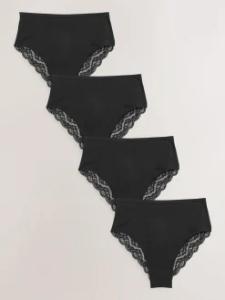 Next Black High Rise High Leg Cotton Lace Knickers 4 Pack^Women Panties