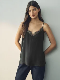 Next Black Lace Trim Strappy Cami Top^Women Tops & T-Shirts