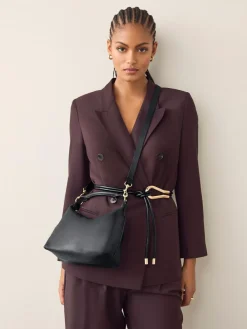 New Next Leather Scooped Hand Held Bag Black