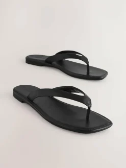Hot Next Standard/Wide Fit Square Toe Thong Sandals Black Leather