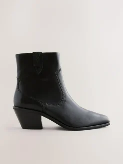 Clearance Next Standard/Wide Fit Cowboy Block Heel Ankle Boots Black Leather