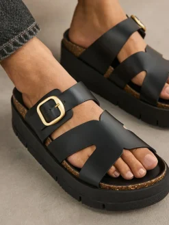 Next Leather Strap Buckle Detail Sandals^Women Wide Fit & Extra Wide Fit