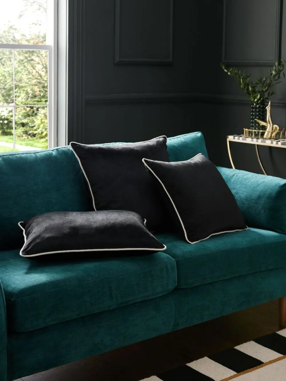 Next Black Matte Velvet Contrast Pipe 59 x 59cm Cushion^ Cushions & Throws