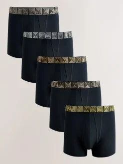 Next Black Metallic Pattern Waistbands 5 Pack A-Front Cotton Rich Boxers^ Underwear|Underwear