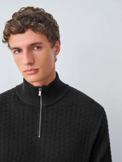 Clearance Next N.Premium Cotton Rich Regular Fit Premium Textured Quarter Zip Neck Jumper Black